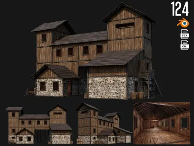 4 Old Wooden House Building Pack 4K GameReady 121 to 124 Low-poly 3D model