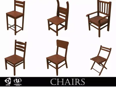 Pack of 6 Medieval Wooden Chairs Low-poly 3D model