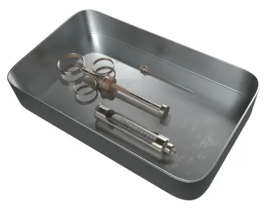 Medical Tool Tray with Syringe Vintage 3D model