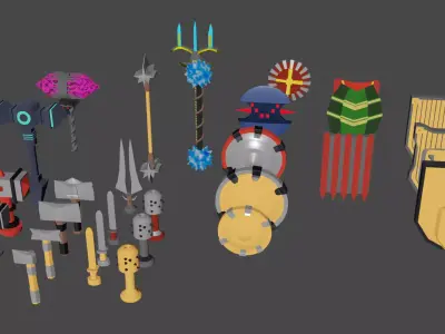 Low poly weapon and shield pack Low-poly 3D model