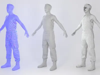 Young German soldier in a white T-shirt ready for animation 113 Low-poly 3D model