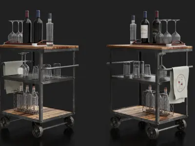 Industrial Loft Bar Trolley with bottles and accessories 3D model