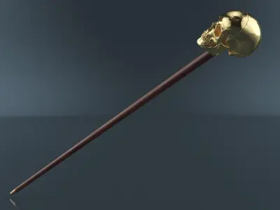 Skull Handle Cane Gold Wood 3D model
