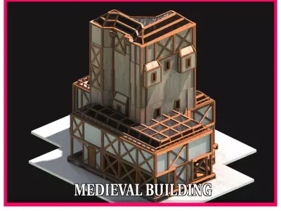 Medieval Low Poly Building  Castle Wooden Village Stone House 15 Low-poly 3D model