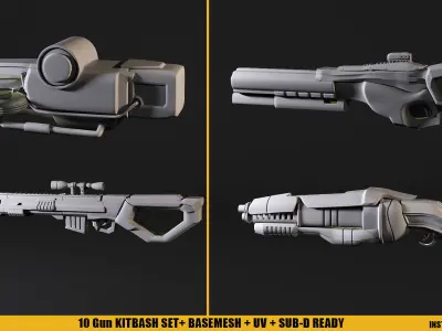 10 Scifi Gun KITBASHSET-UV Low-poly 3D model