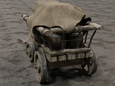A stylized medieval cart with a lamp and barrels of linen Low-poly 3D model