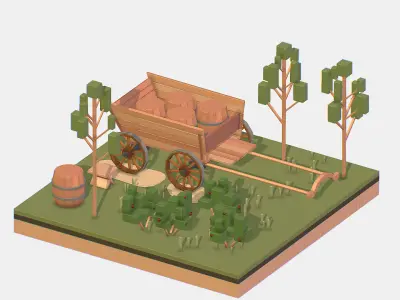 Isometric Village Wood Cart Barrel  Low-poly 3D model