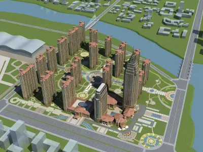 Architecture city with tall buildings and river 3D model