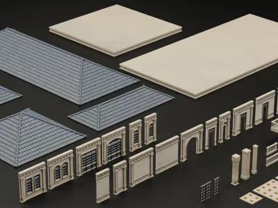 CLASSIC EUROPEAN KITBASH 04 MODULAR BUILDING WITH INTERIOR Low-poly 3D model