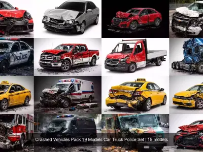 Crashed Vehicles Pack 19 Models Car Truck Police Set