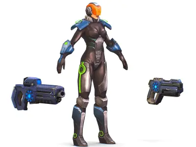 Woman Cyborg Soldier with Automatic Rifle and Pistol Low-poly 3D model