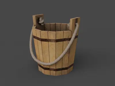 Wooden Bucket with Rope Handle Low-poly 3D model