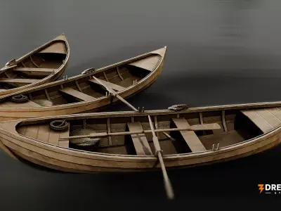 Medieval Fisherman Rowboat -  Wooden Fishing Boat Low-poly 3D model