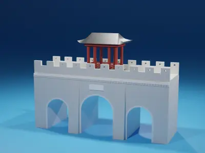 Chinese Stone Bridge Gate and Pavilion Low-poly 3D model