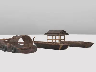 CANOE-BOAT group of wooden boats and house Free low-poly 3D model