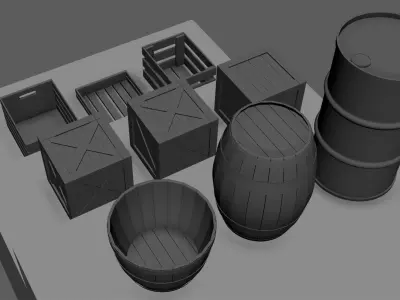 WOODEN BOXES AND BARRELS Low-poly 3D model