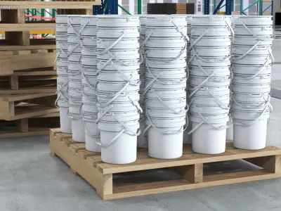 Industrial Polypropylene Pails on Wooden Pallet White 3D model