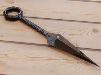 Game Ready Low Poly Kunai sword on wooden table Free low-poly 3D model