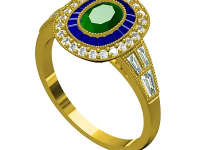 Antique Green Sapphire Oval and Diamond Halo Engagement Ring 3D print model