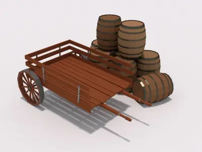 Rigged Wagon with Barrels Low-poly 3D model