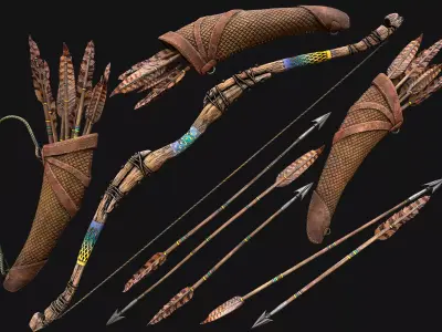 Wooden Bow and Quiver Tournament  Weapons Low-poly 3D model