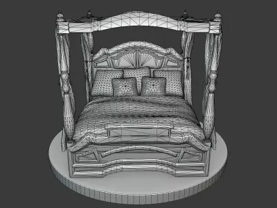 Vintage Bed With Curtains Low-poly 3D model