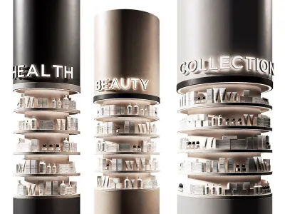 Round columns racks with goods Cosmetics products showcase 3D model