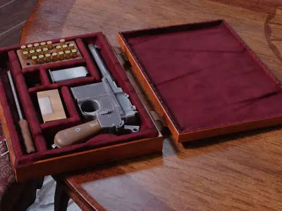 Mauser C96 Broomhandle with carry  case low poly game asset Low-poly 3D model