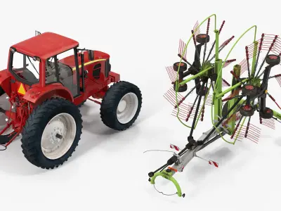 Tractor with Used Twin Rotor Rake Claas Liner 2700 Rigged 3D model