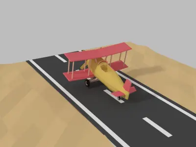 low poly plane biplane on road in desert Low-poly 3D model