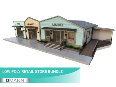 Retail Store Pack - 3 Different Small Buildings Full Textured Low-poly 3D model