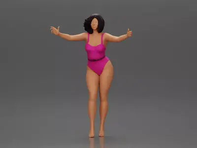 Woman with short black hair wearing pink swimsuit raising arms 3D print model