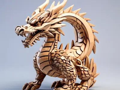 Wooden Carved Chinese Dragon Statue Low-poly 3D model