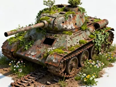 Overgrown Abandoned Tank Wreck 3D Model Low-poly 3D model