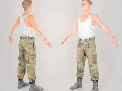 Young German soldier in a white T-shirt ready for animation 113 Low-poly 3D model