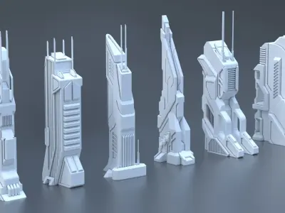 Sci Fi Building Pack - 6 Futuristic Skyscraper Architecture  Set Low-poly 3D model