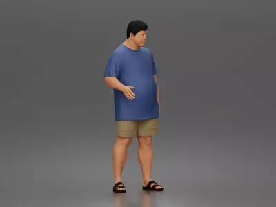 asian man character walking pose in tshirt shorts sandals outfit 3D print model