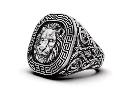 Royal Lion Head Signet Ring with Greek Key Pattern 3D print model