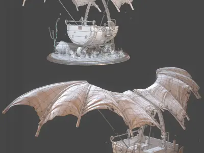 Cartoon sci-fi hand-drawn style flying car Low-poly 3D model