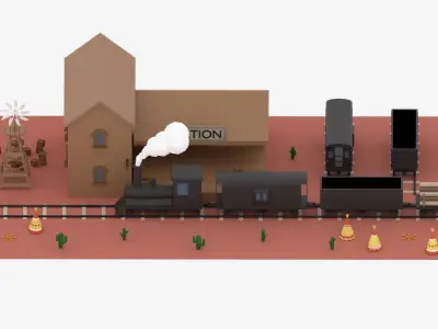Old Wild West Train and Staion Low-poly 3D model