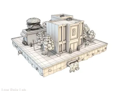 Cartoon City Block Burger Cafe Bank Low-poly 3D model