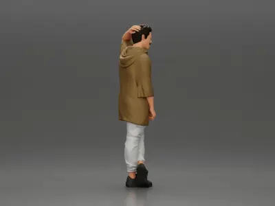 man in a long hoodie is leaning on the car 3D print model