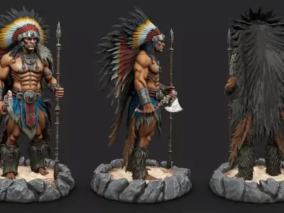 Native american warrior chief with axe high poly resolution 3D model
