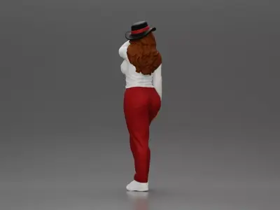 woman in red pants striking stylish pose with hat 3D print model