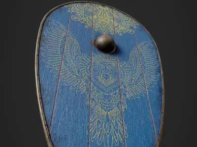 Slavic kite wooden shield-painted blue with owl symbol Low-poly 3D model
