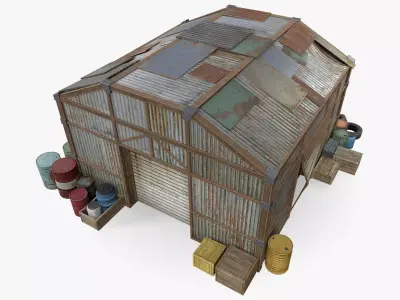 Post-Apocalyptic Industrial Hangar Low-poly 3D model
