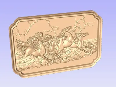 horses wooden plaque with riding in water 3D model