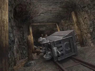 Collapsed Mine Tunnel with Tipped Ore Cart 3D model