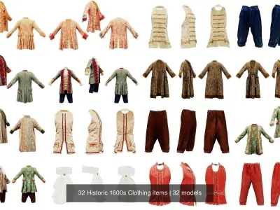 32 Historic 1600s Clothing items 3D Model Pack