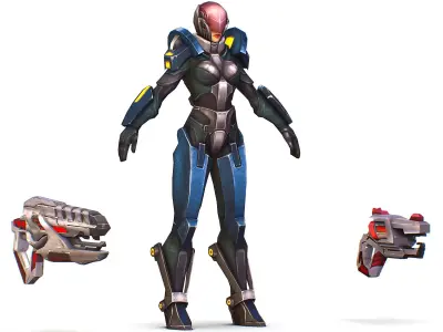 Woman Cyborg - Female Soldier with Rifle and Pistol Low-poly 3D model